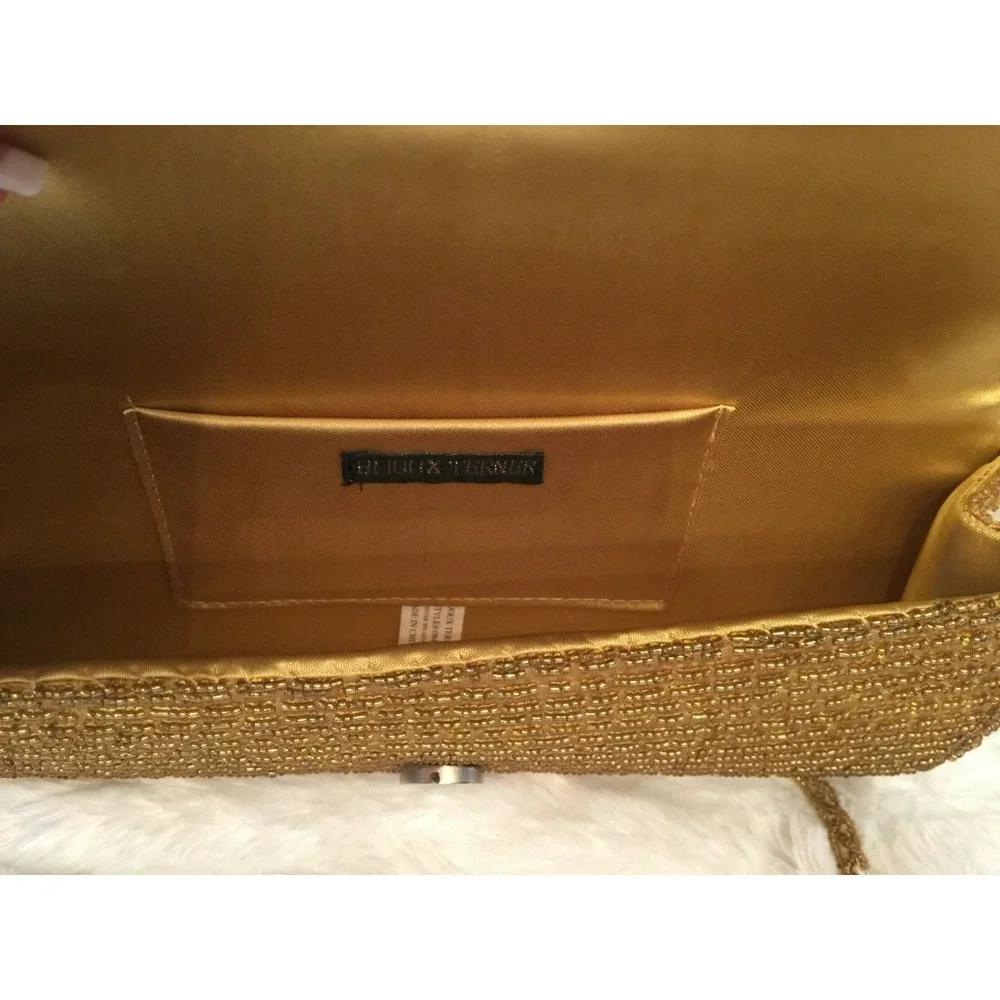 Bijoux Terner Womens Oblong Clutch Evening Bag Gold Sequin Micro‎ Beaded Floral_9